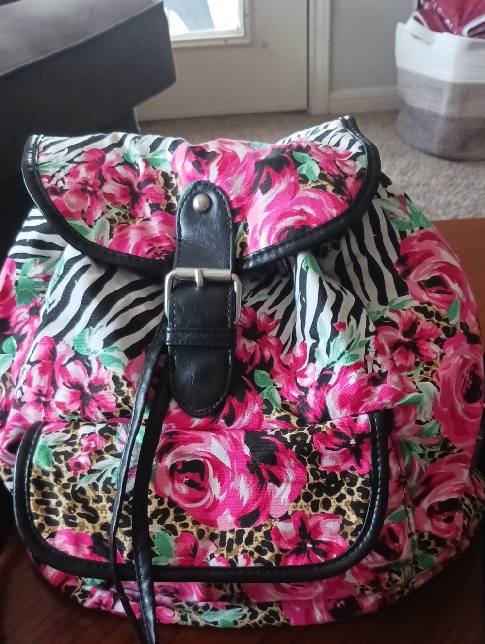 Floral Zebra Print Drawstring Backpack - Pink